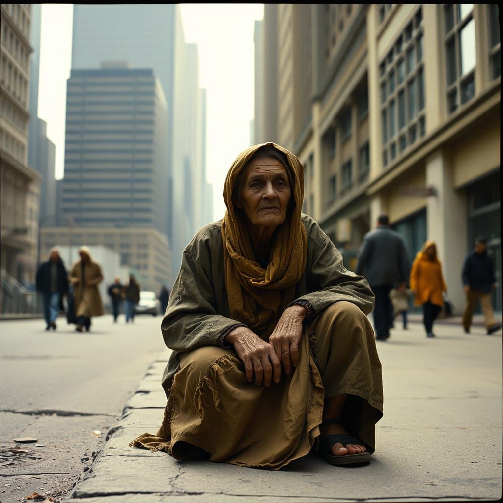 Elderly Woman in Golden City Street Scene