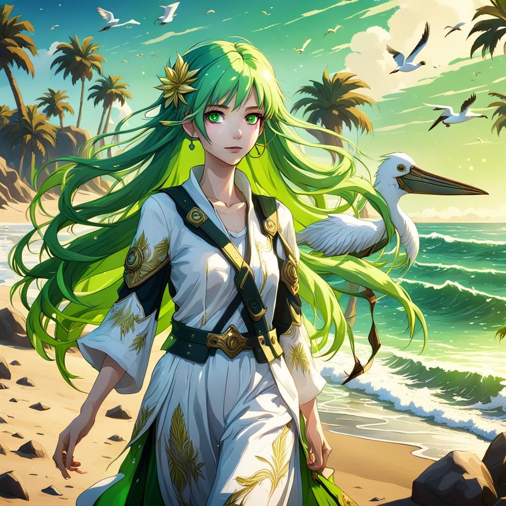 Anime Girl with Green Hair on Carpinteria Beach
