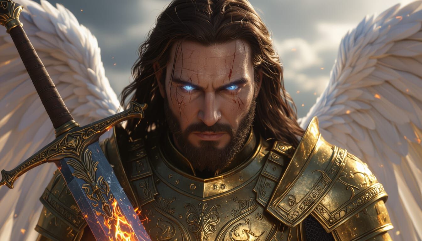 Archangel Michael, Fierce Angelic Warrior in Golden Armor