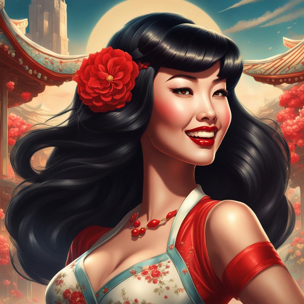 Voluptuous Asian-American Woman in 1940s Pin-up Illustration