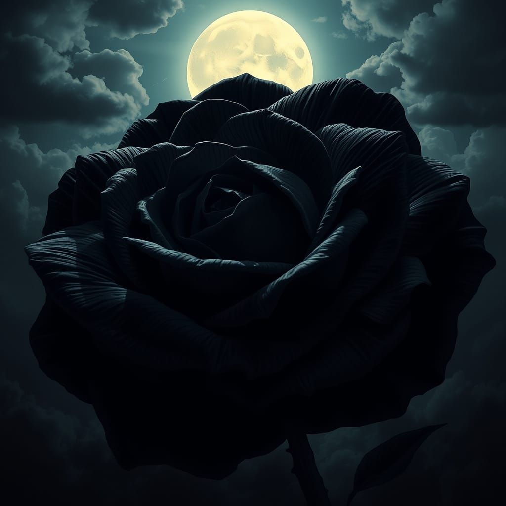 Giant Black Rose Under Moonlit Sky