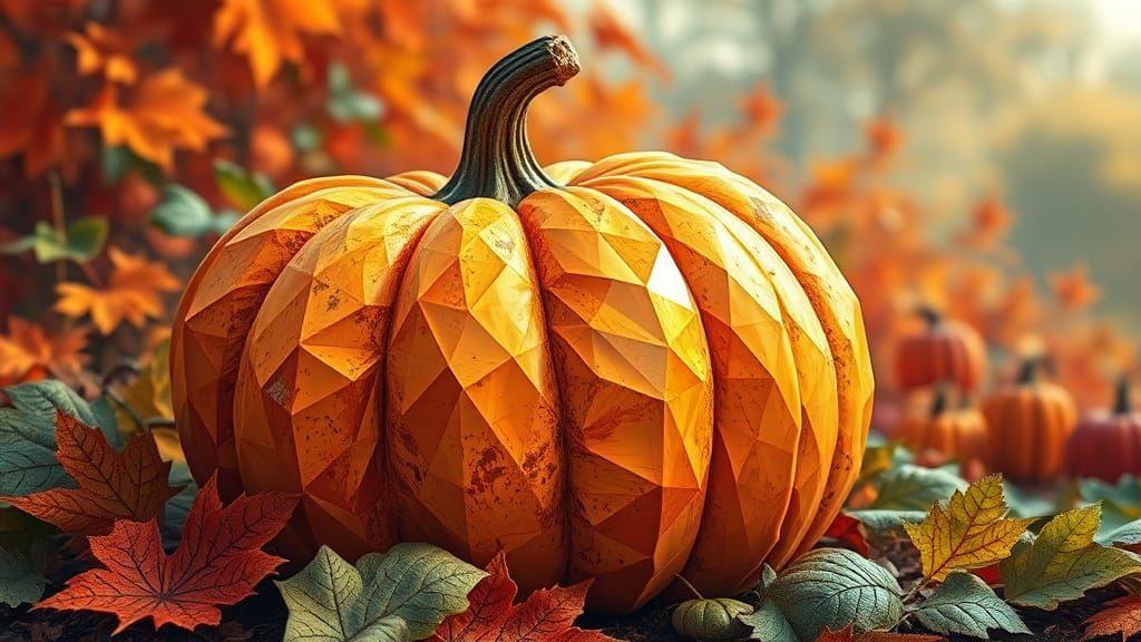 Cubist Pumpkin in Autumn Garden, Crystalline Geometric Art