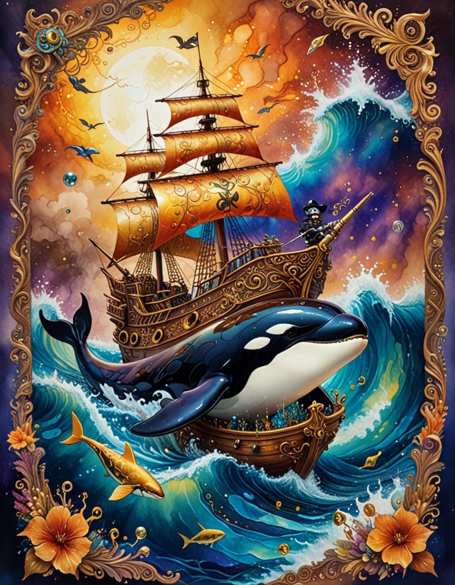 Surrealist Killer Whale Pirate on Treasure Ship