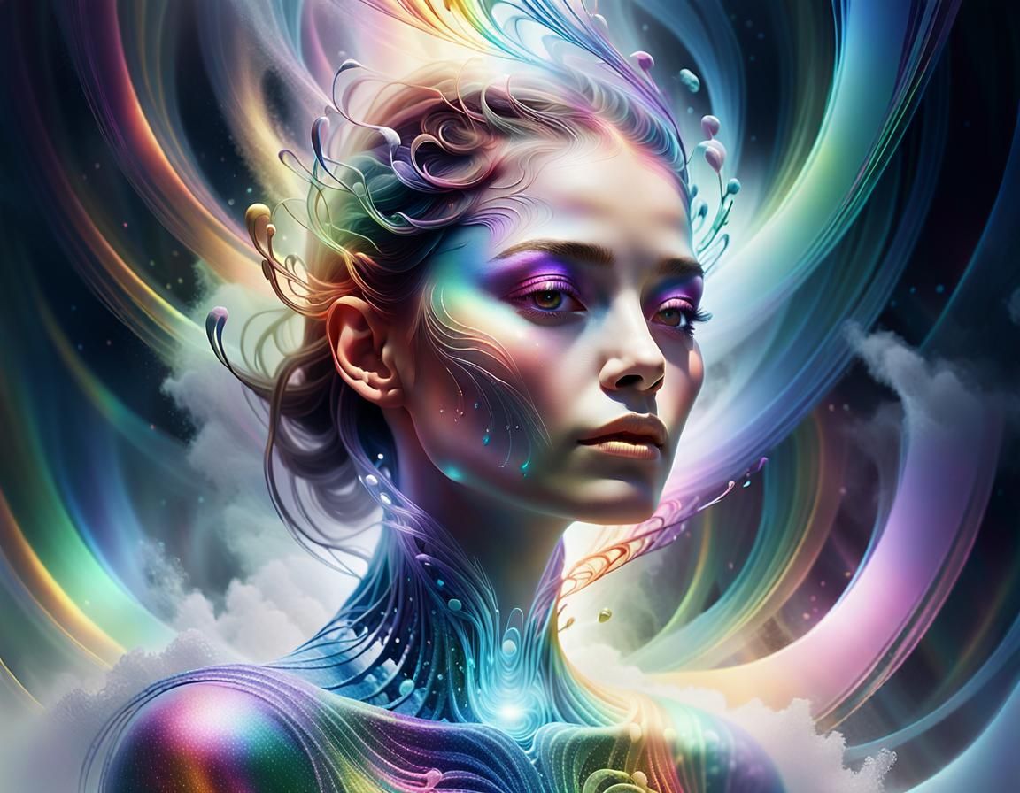 Ethereal Being in Iridescent Mist: Digital Art