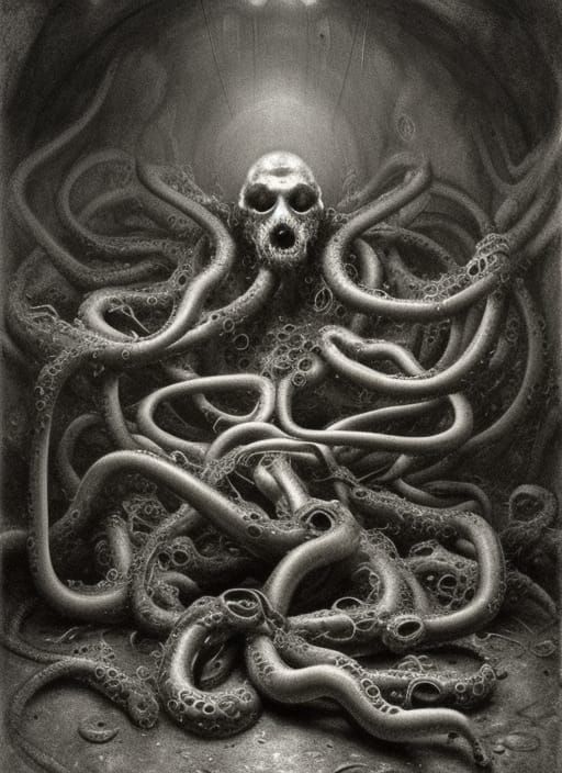 Decomposing Cybernetic Body in Dark Crypt: Charcoal Drawing