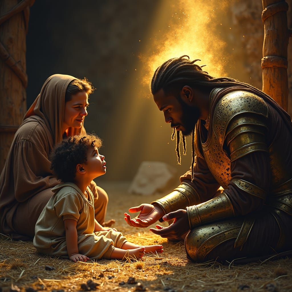 Paladin Heals Sick Child in Medieval Hovel