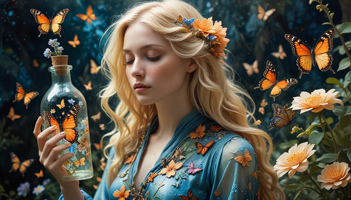 Whimsical Fantasy Art of a Young Woman with Flowers and Butt...