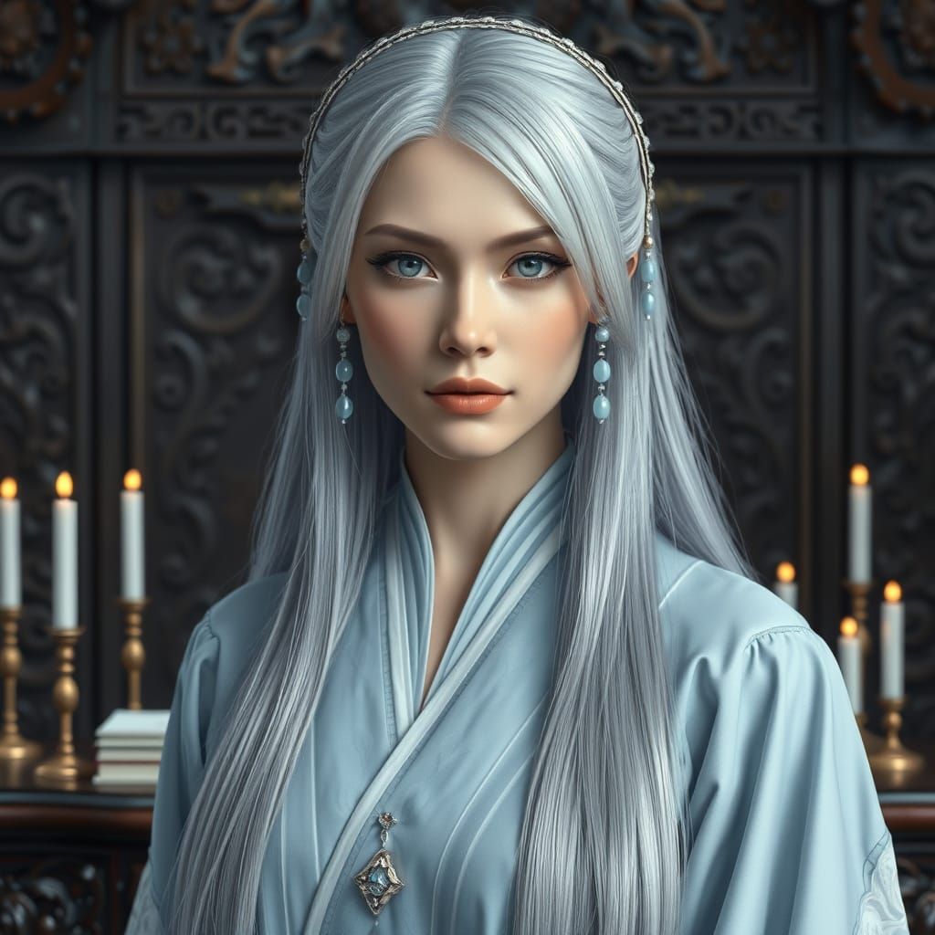 Ethereal Hanfu Goddess with Silver Hair and Pale Blue Beads