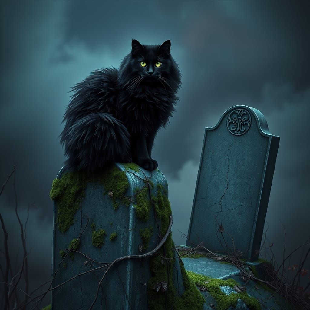 Mysterious Black Cat Guards Forgotten Grave in Twilight Hues