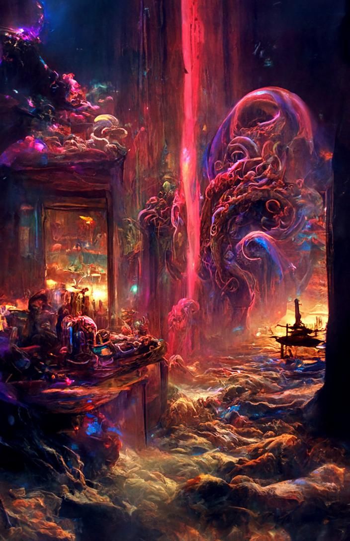 Bioluminescent Octopuses in Alchemic Lab, Neon Illustration