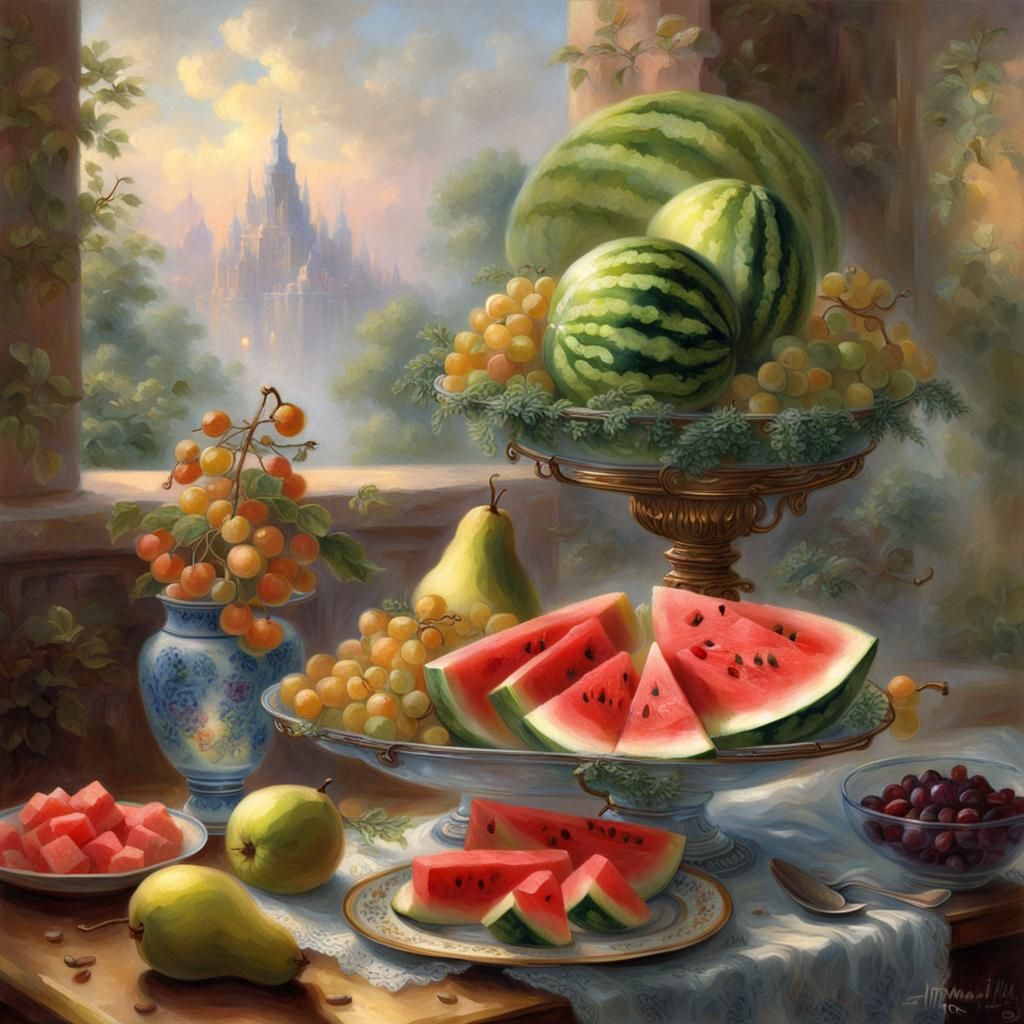 Ethereal Still Life with Watermelon and Pears