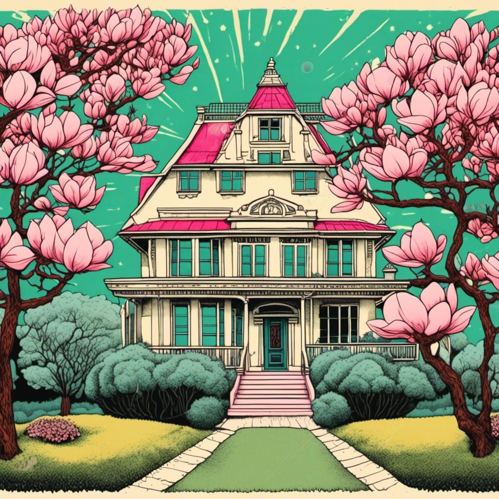 <lora:Hand Drawn Retro:1.0>house surrounded by magnolia trees Retro Pen and ink illustration Vibrant Rare vintage colour...