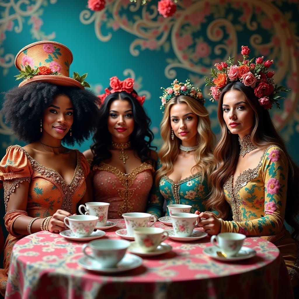 Famous Women at Mad Hatter's Tea Party in Art Nouveau Style
