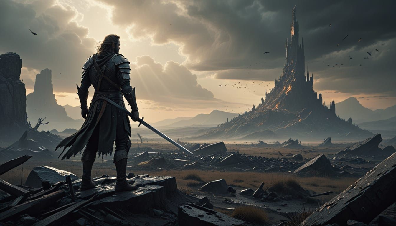 Warrior Stands on Desolate Battlefield with Sword Raised