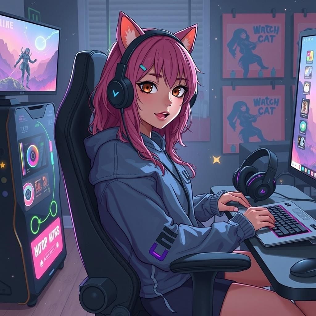 Latina Streamer in Cozy Gaming Room, Anime Style