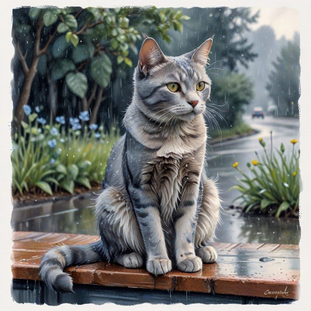 Sad Cat Waits in Rainy Blue Watercolor