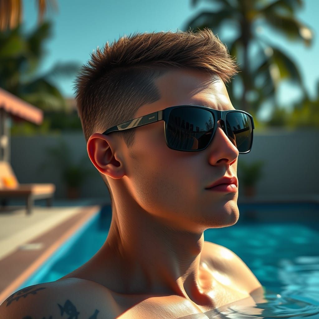 A handsome 20-year-old man with a buzz cut and sunglasses relaxing by a pool.