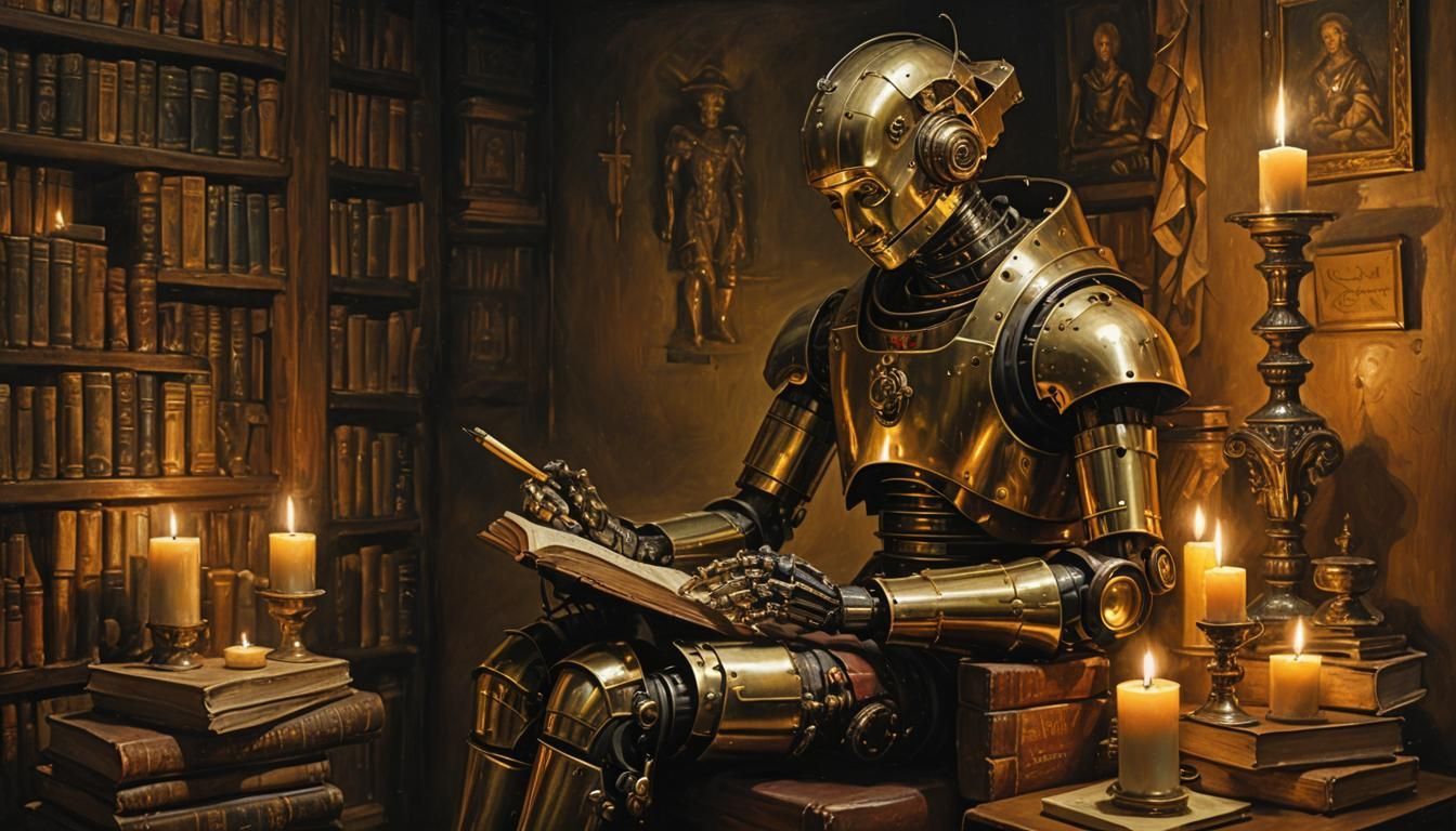Robot in Rembrandt Style with Antique Books