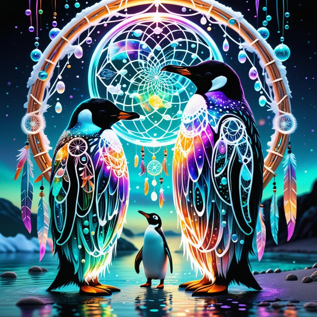 Eskimo and Penguin by a Luminous Sea