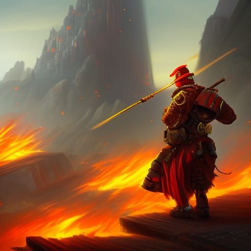 Fiery 2D Soldier in Detailed Matte Painting