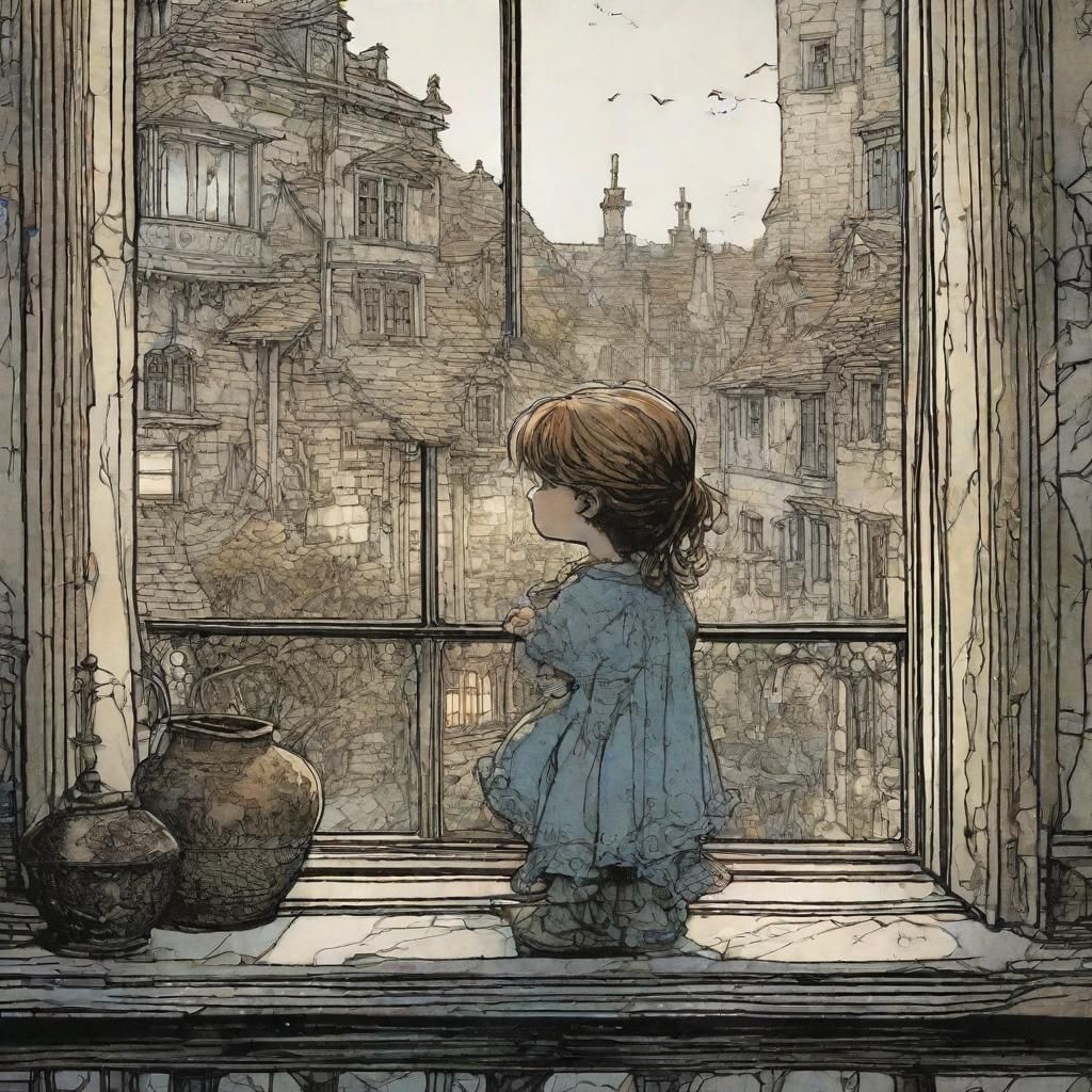 Lonely Girl at Window in Comic Book Style