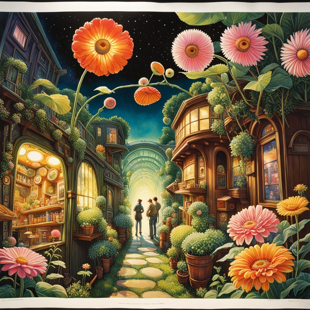 Surreal Street Scene in Psychedelic Watercolor Style