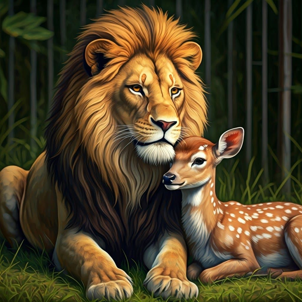 Lion Tenderly Cares for Deer Cub in Whimsical Oil Painting