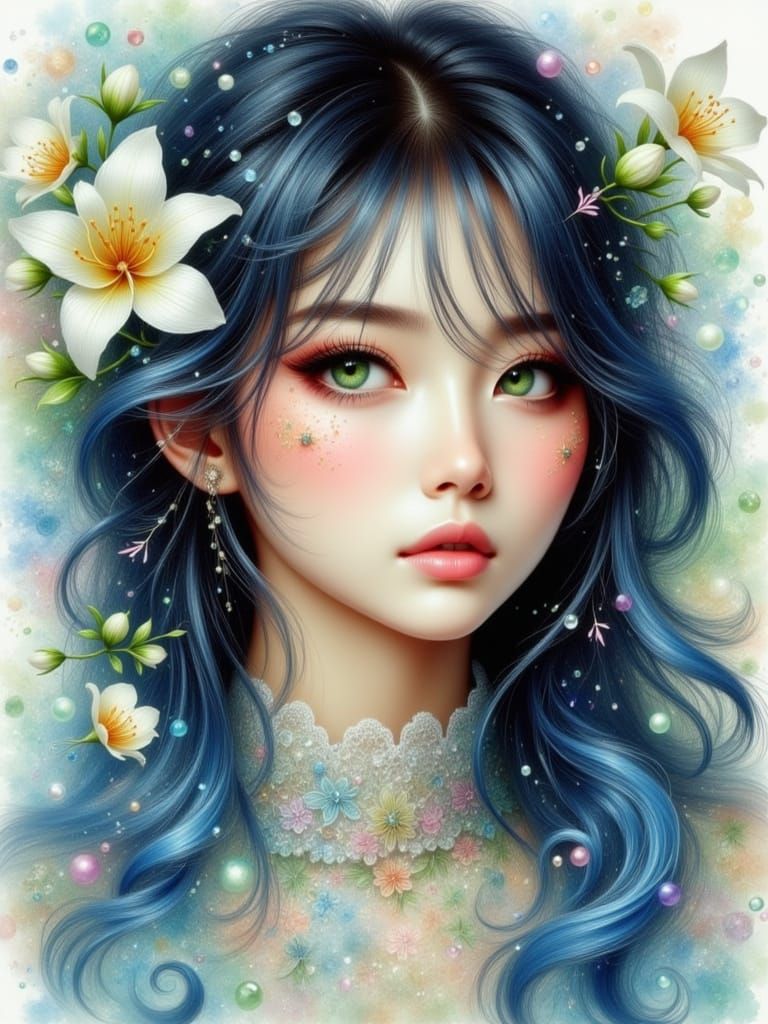 Ethereal Watercolor Portrait of a Young Asian Woman