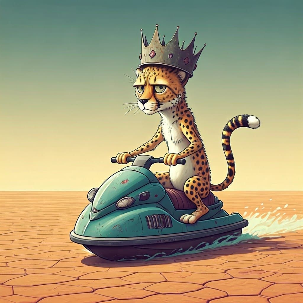 Crowned Cheetah Rides Tarnished Jet-Ski Across Desert Landsc...