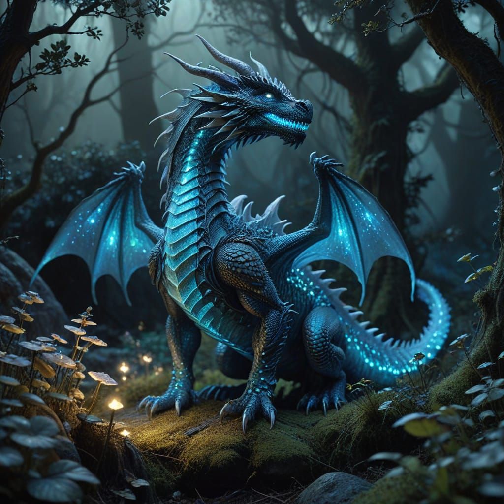 A colossal,  bioluminescent dragon