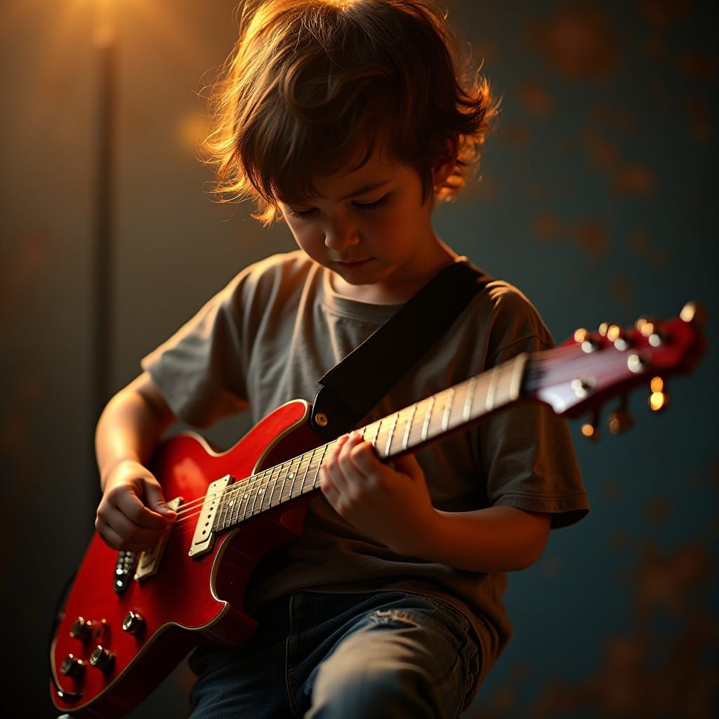 Young Boy Rocks Out on Sleek Electric Guitar