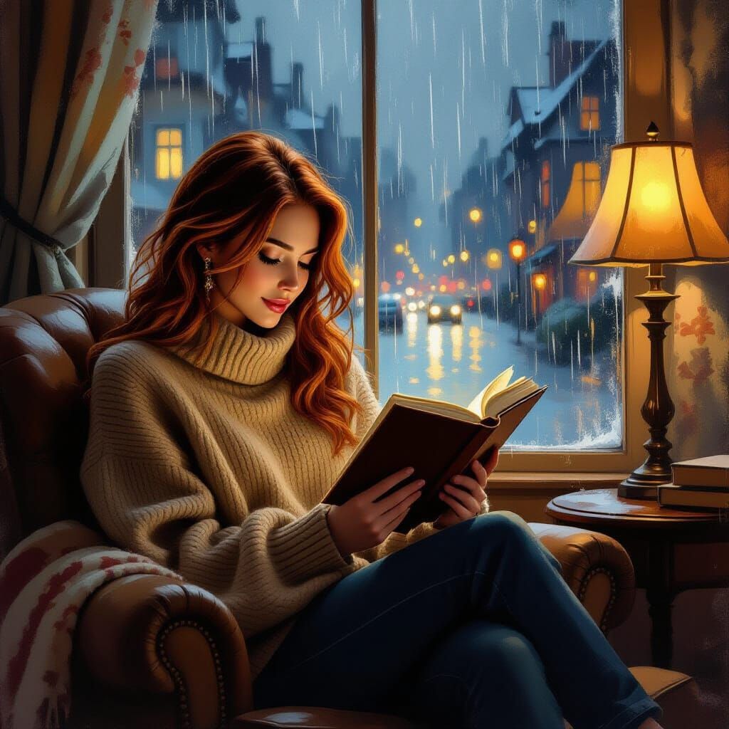 Cozy Reading Scene with Rain and Cityscape