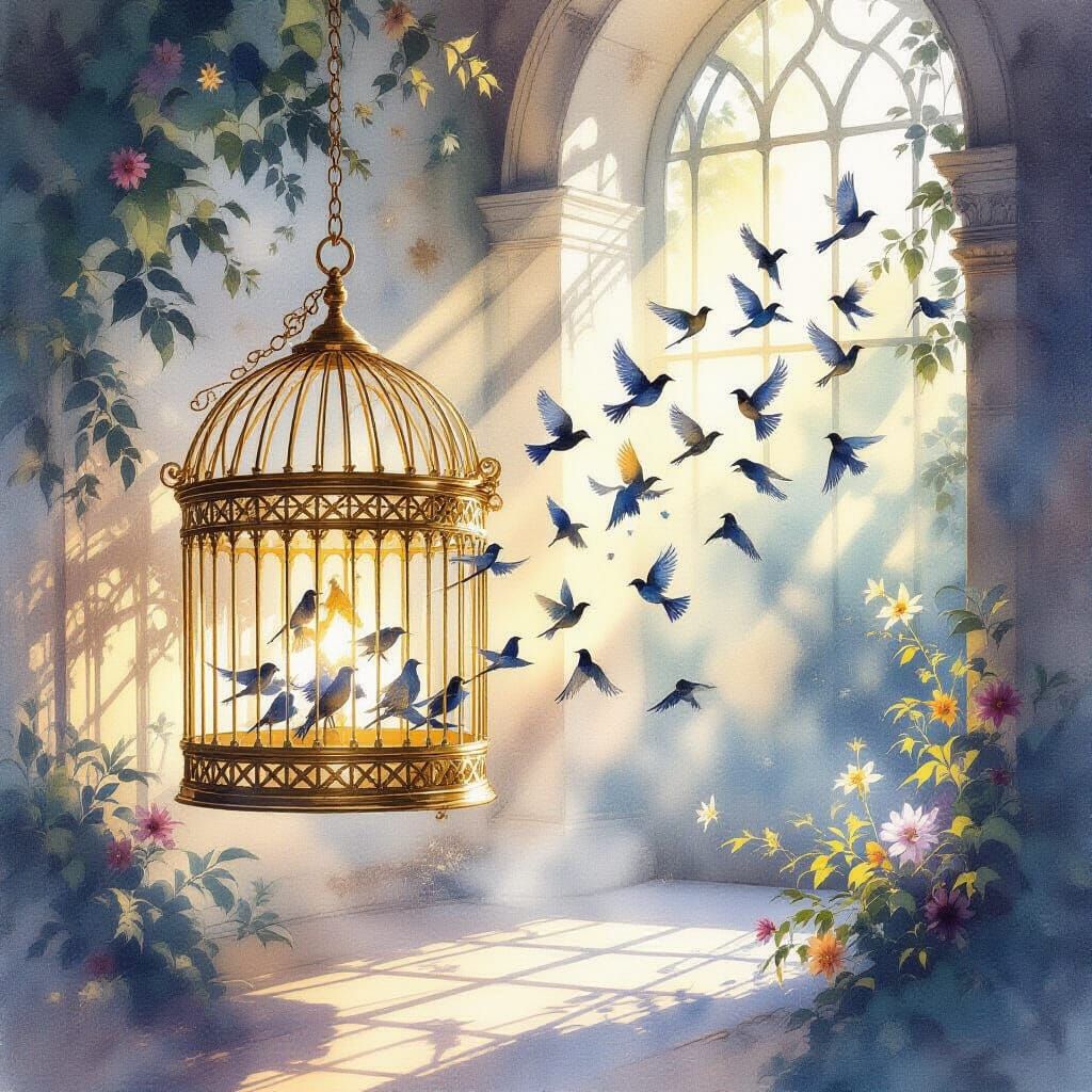 Golden Birdcage With Escaping Birds Ethereal Watercolor