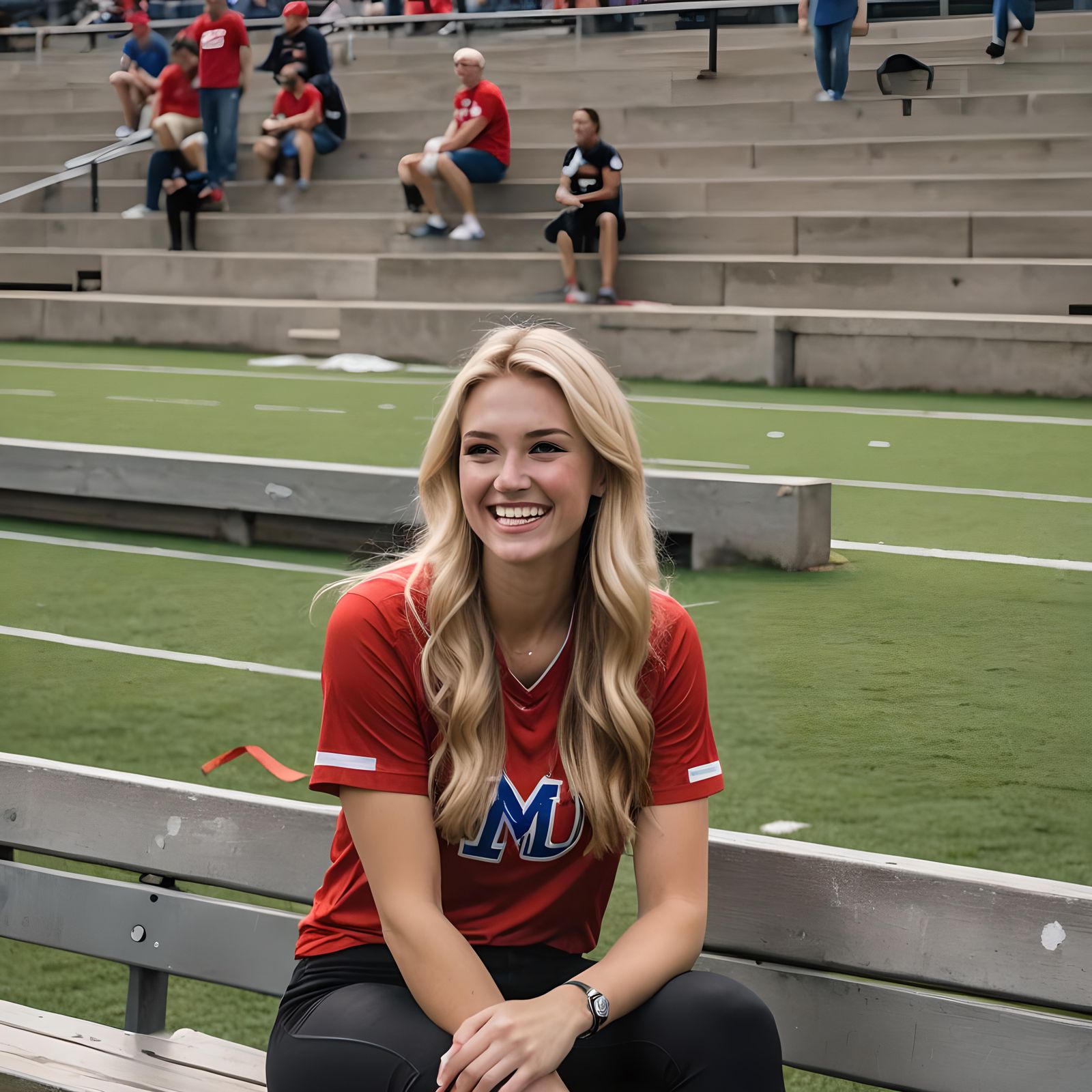 Blonde College Girl on Bleachers Smiling