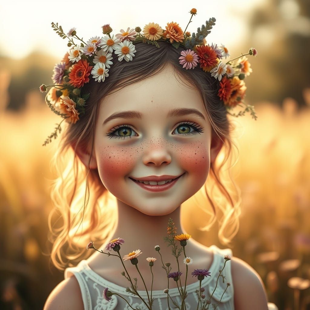 Whimsical Wildflower Girl in Dreamlike Summer Portrait
