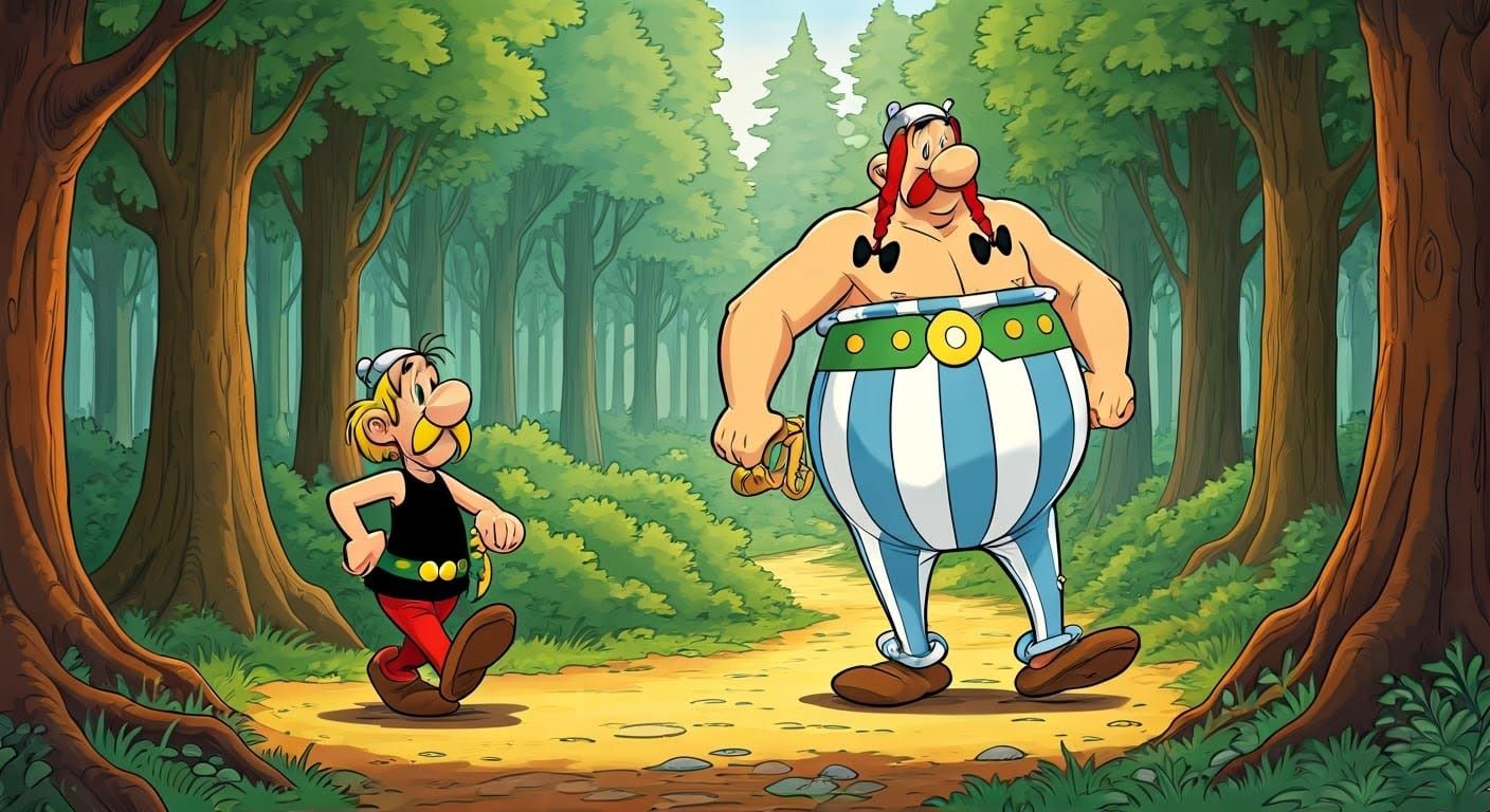 Asterix and Obelix Stroll Through Forest: Cartoon Style