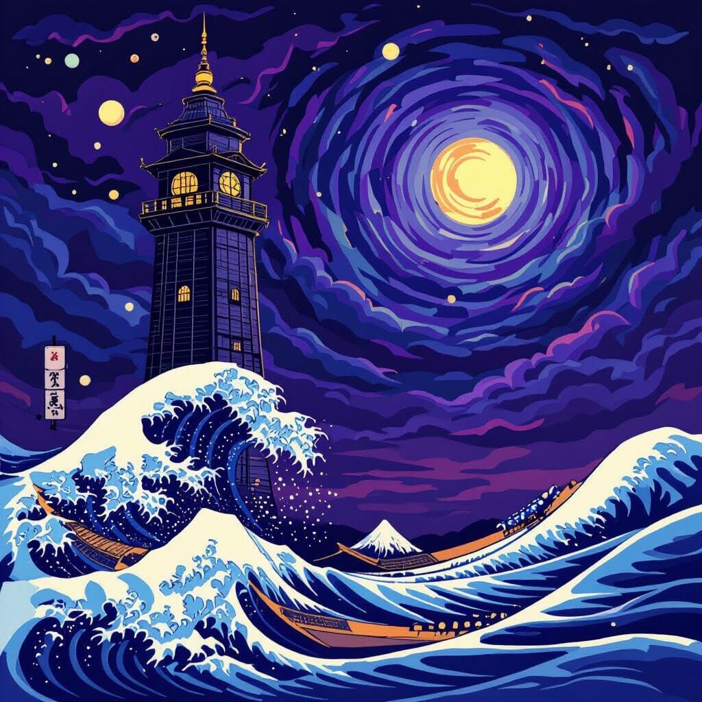 Gothic Tower Under Purple Sky with Floating Lanterns