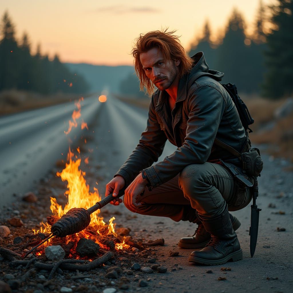 Post-Apocalyptic Survivor on Desolate Highway at Dusk