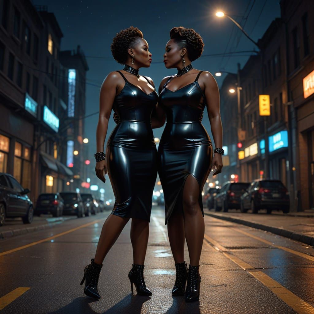 Ebony Goddesses in Metallic Latex, Kissing Under the Stars
