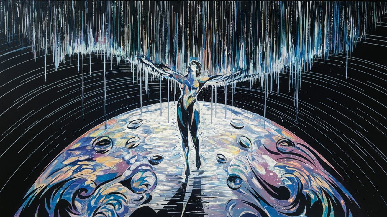 Expressionist Painting: Woman in Matrix Code Rain