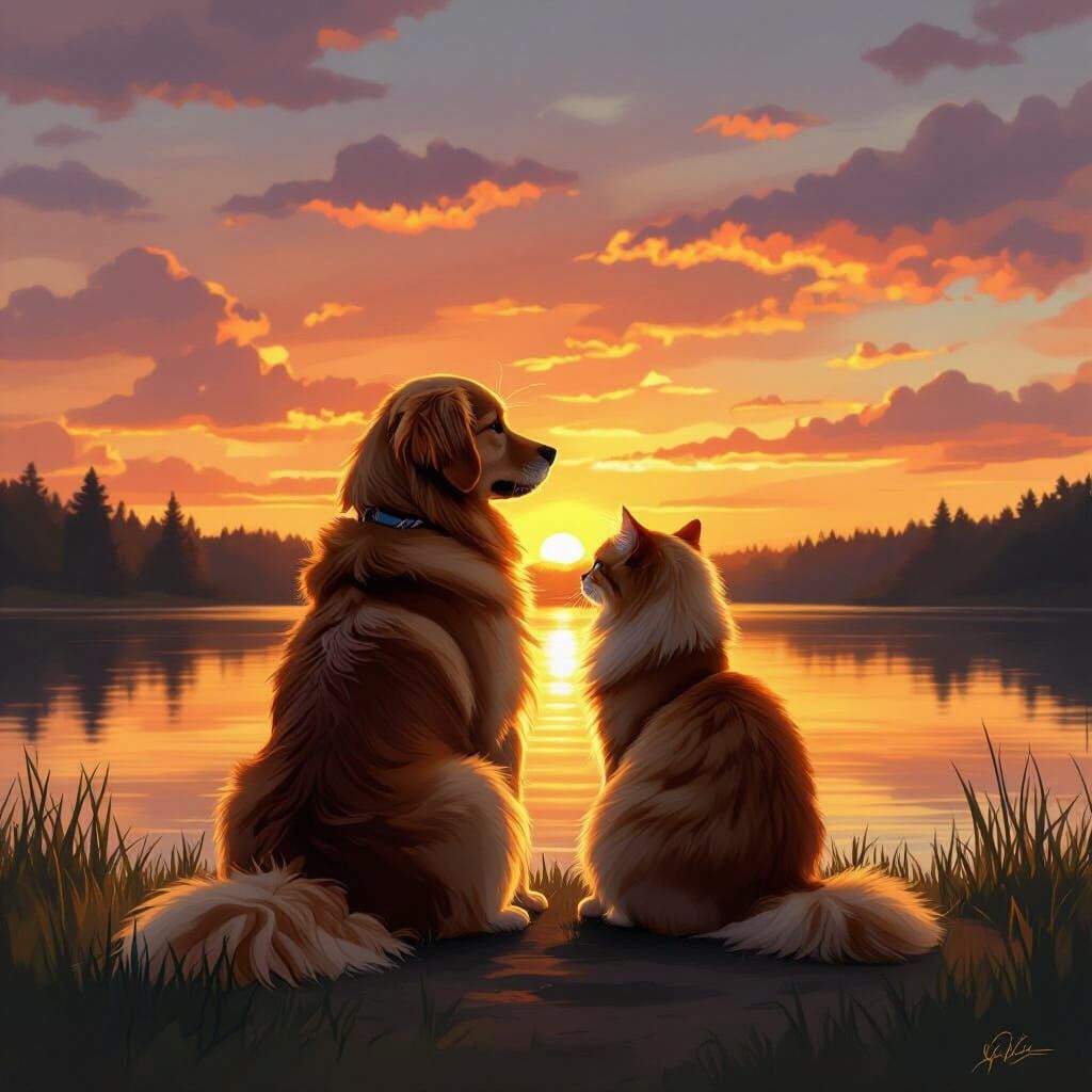 Dog and Cat Silhouetted Against Vibrant Sunset Over Lake