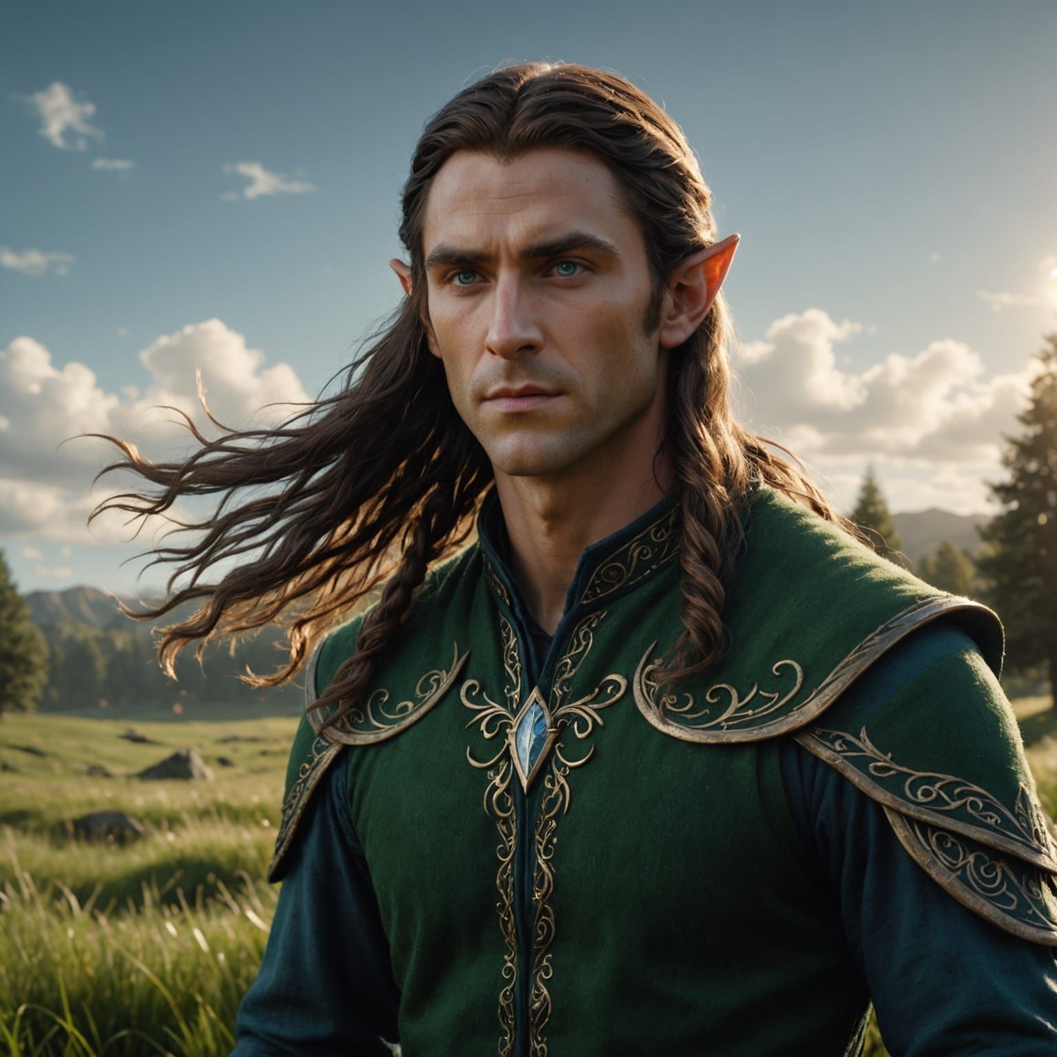 Ethereal Elf Standing at the Edge of a Vibrant Meadow in Ele...