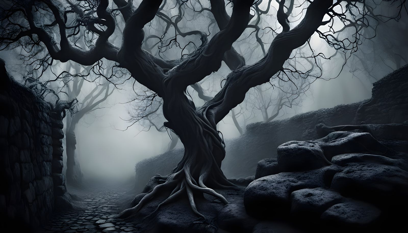 Creepy Dark Fantasy Garden at Night in Lunar Lighting