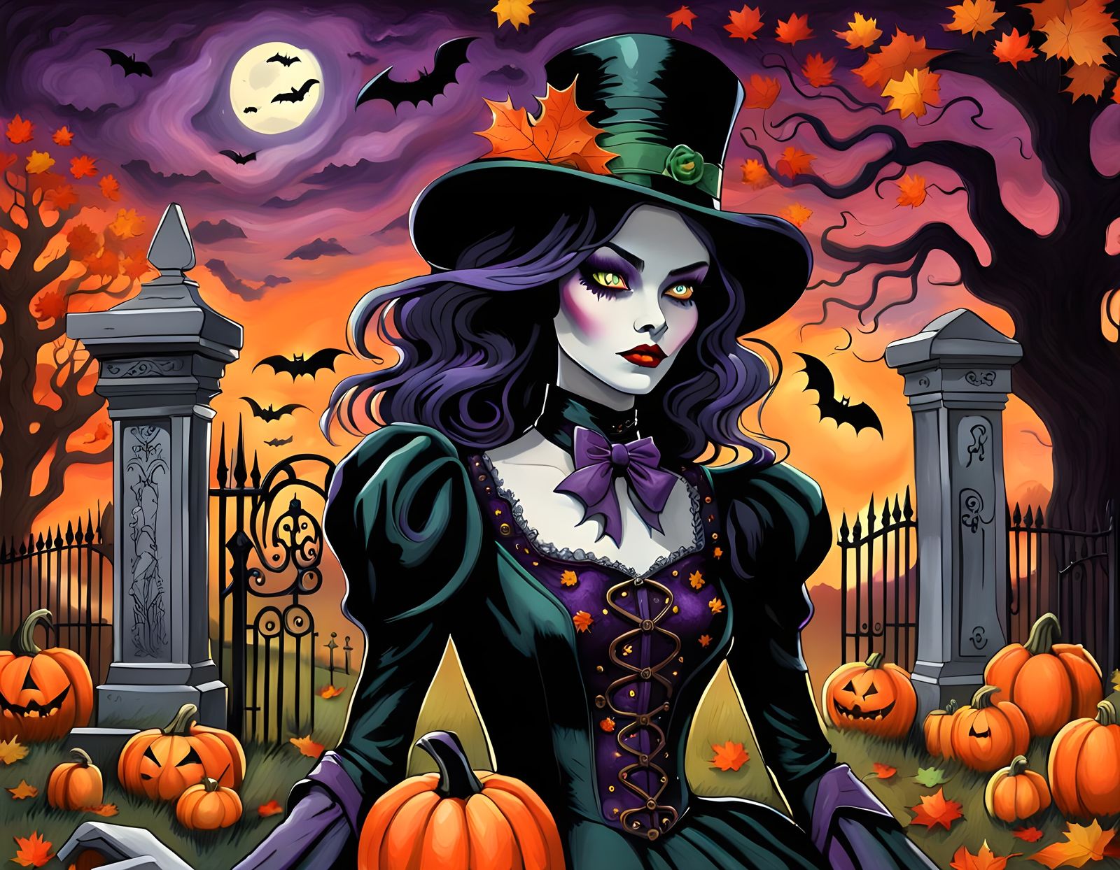 Steampunk Girl in Eerie Cemetery, Burton-esque Art