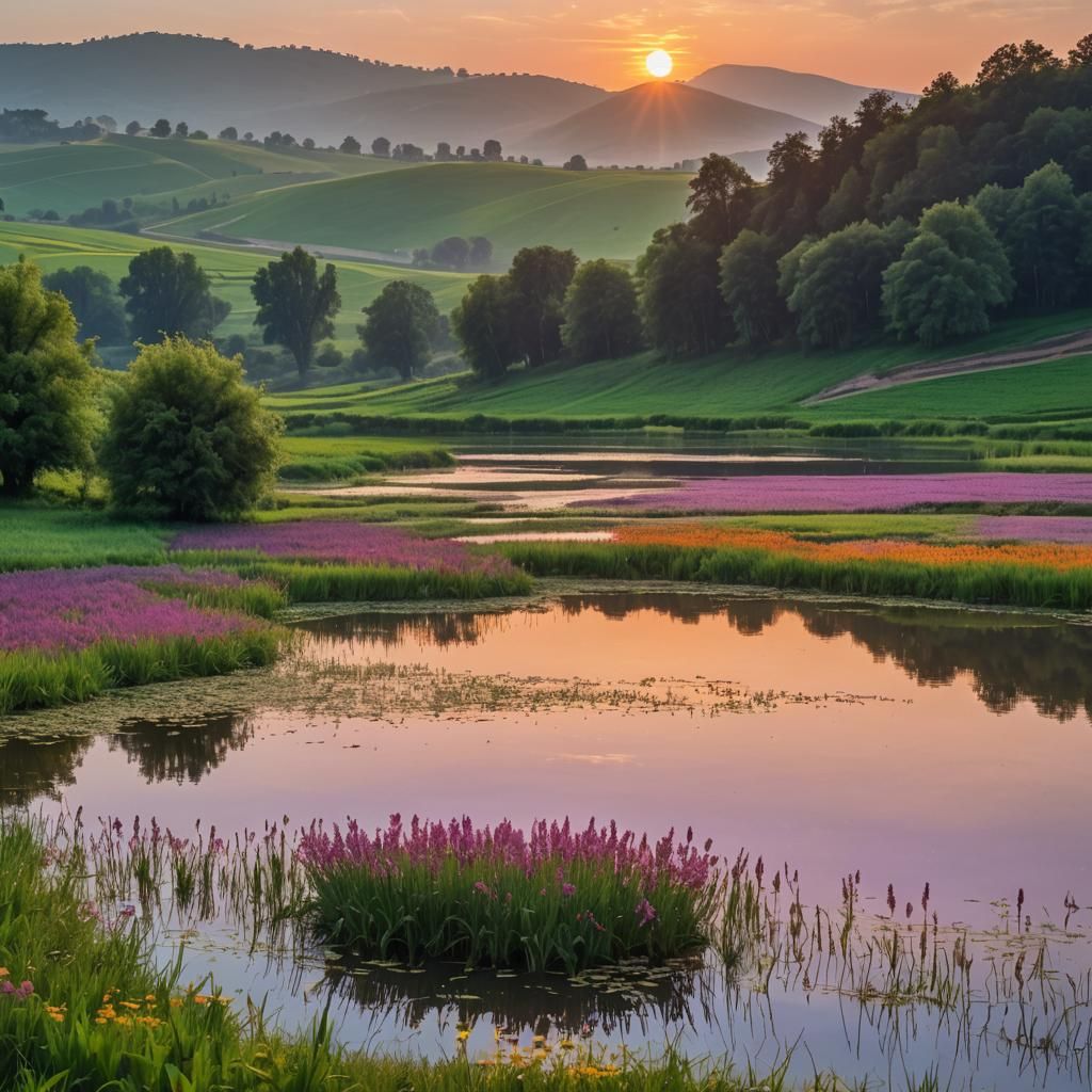 Picturesque Sunset Lake Reflecting Golden Fields: Oil Painti...