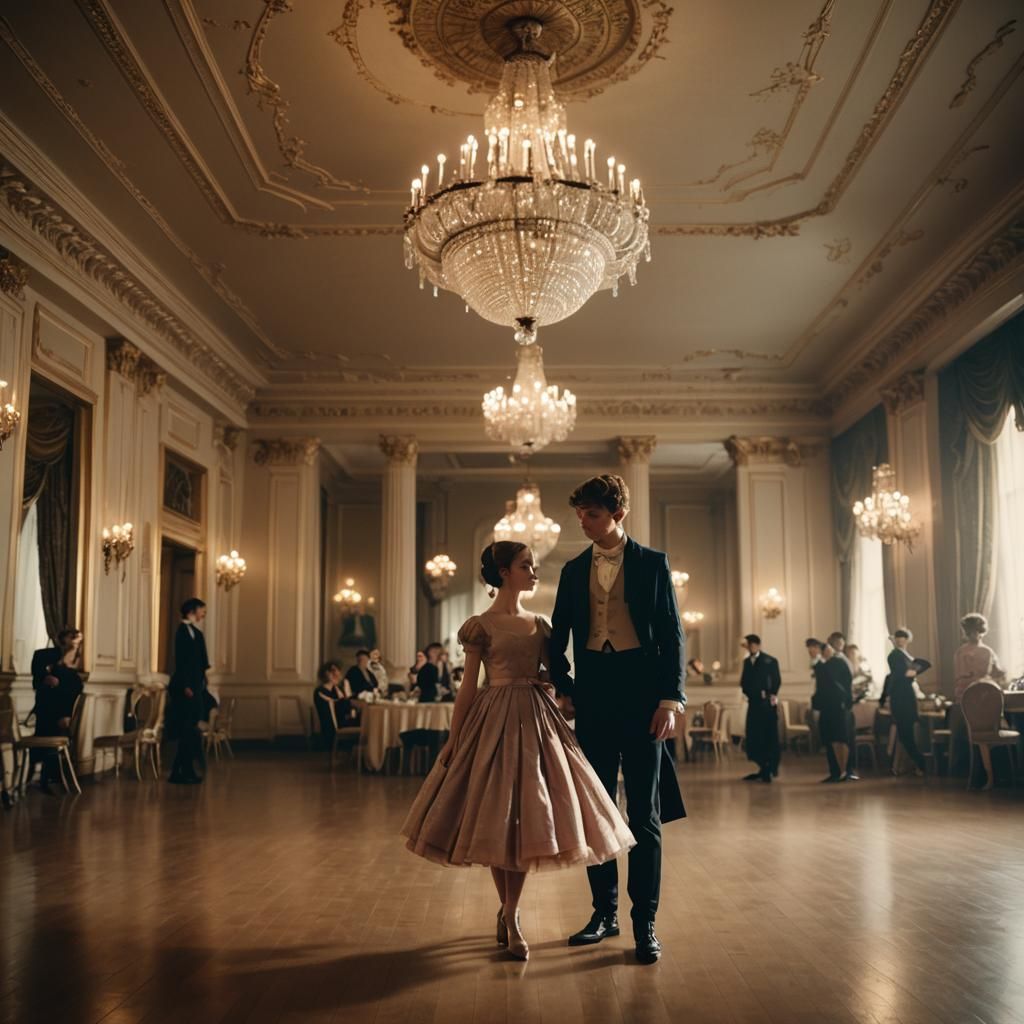 Boy Crossdressing in Ballroom, Cinematic Film Still