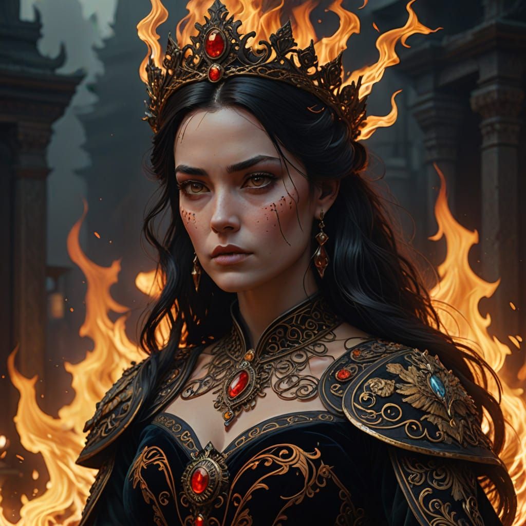 Majestic Fire Queen Reigns Amidst Blazing Halos
