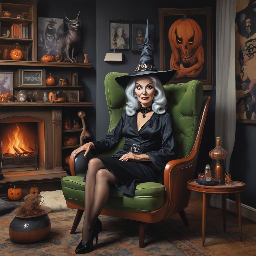 Retro Witch in Mid-Century Modern Halloween Living Room