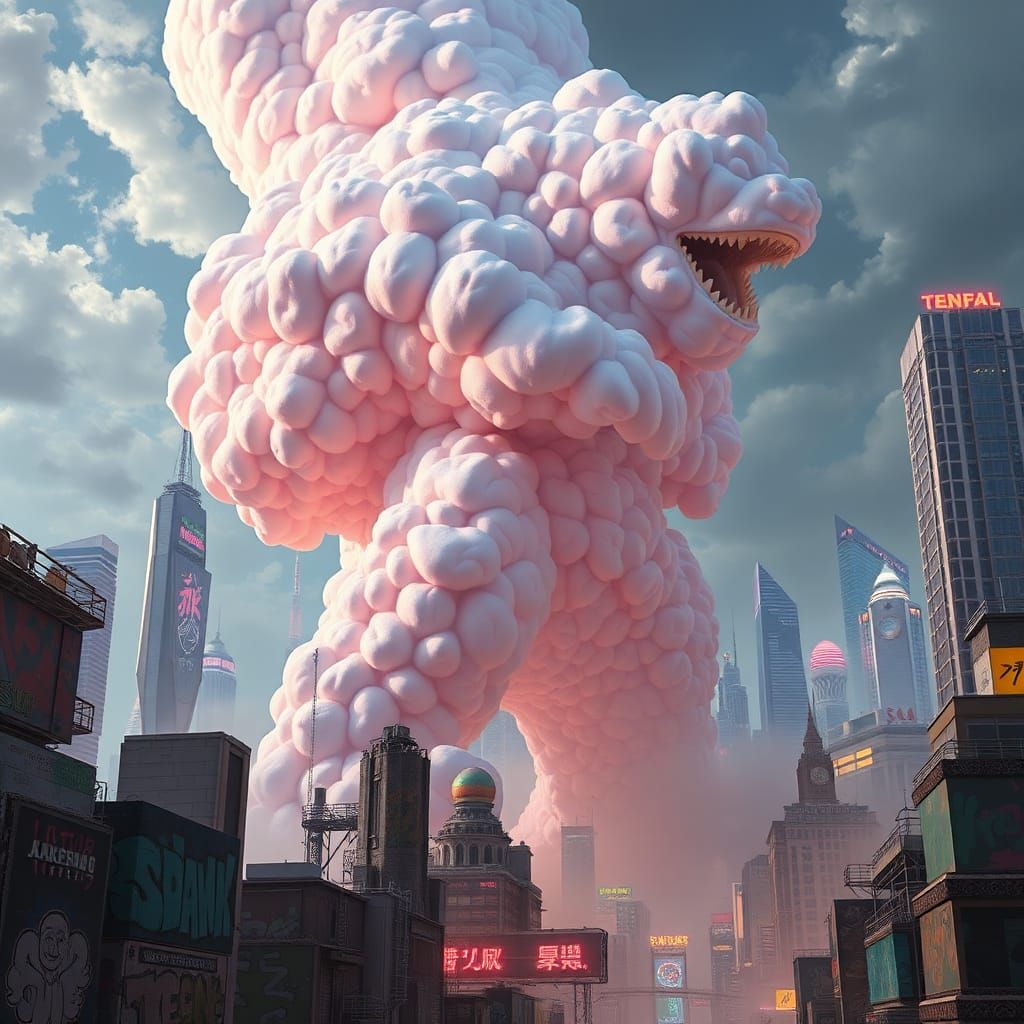 Marshmallow Kaiju Ravages Neon City in Cyberpunk Style