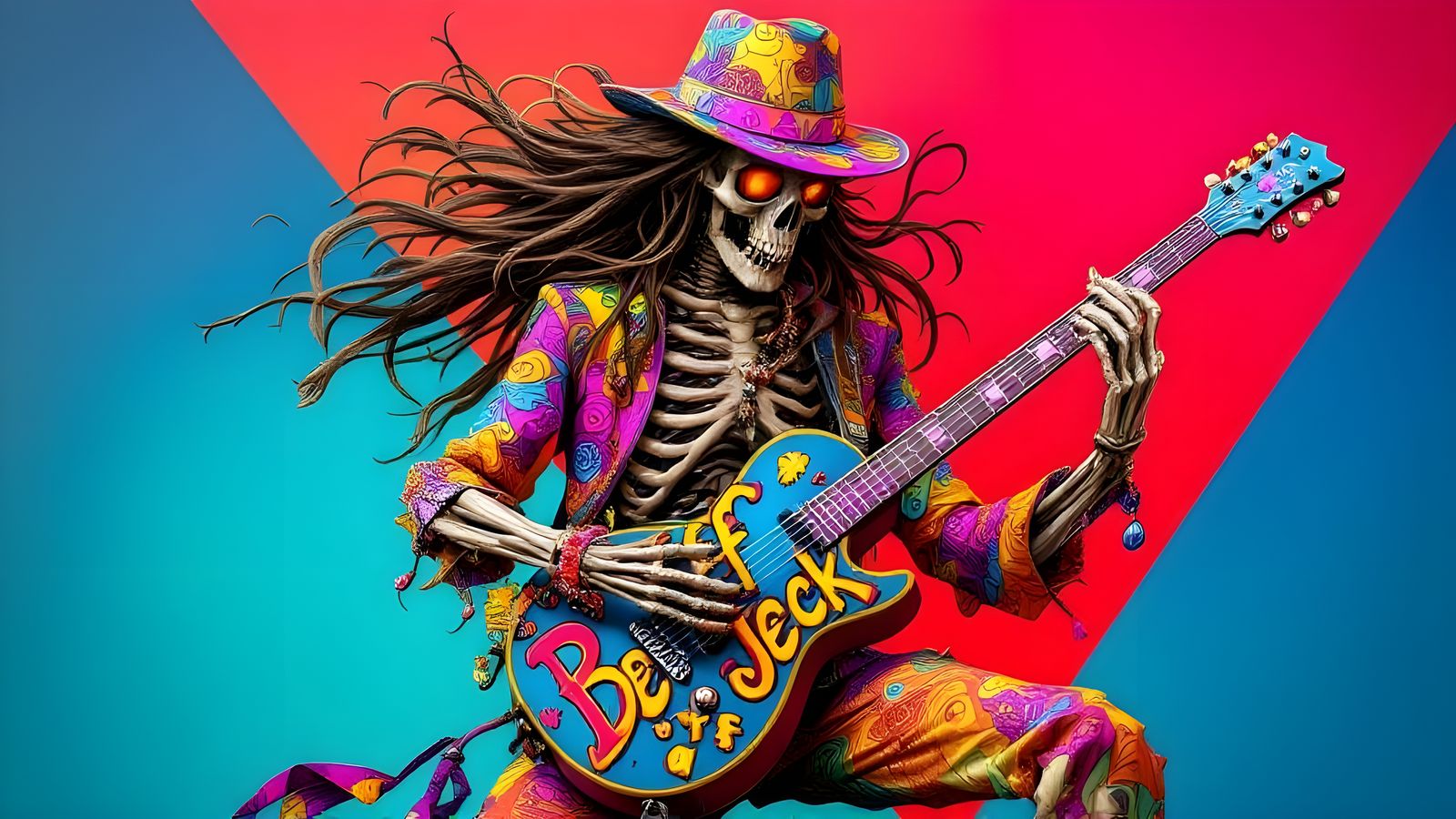 Skeleton Hippie Rock Guitarist in 3D